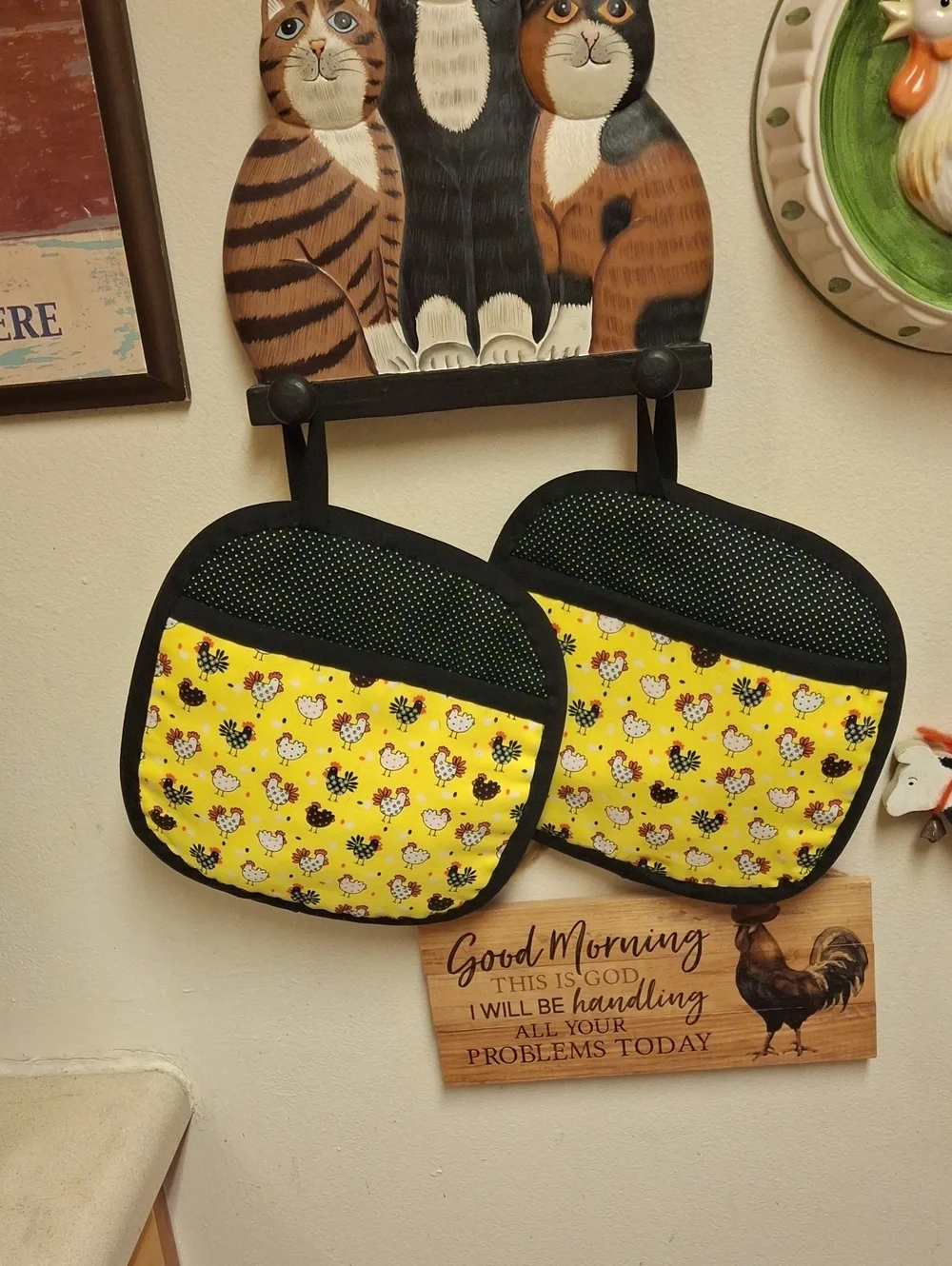 Yellow Chicken Print Pot Holders - Set of 2